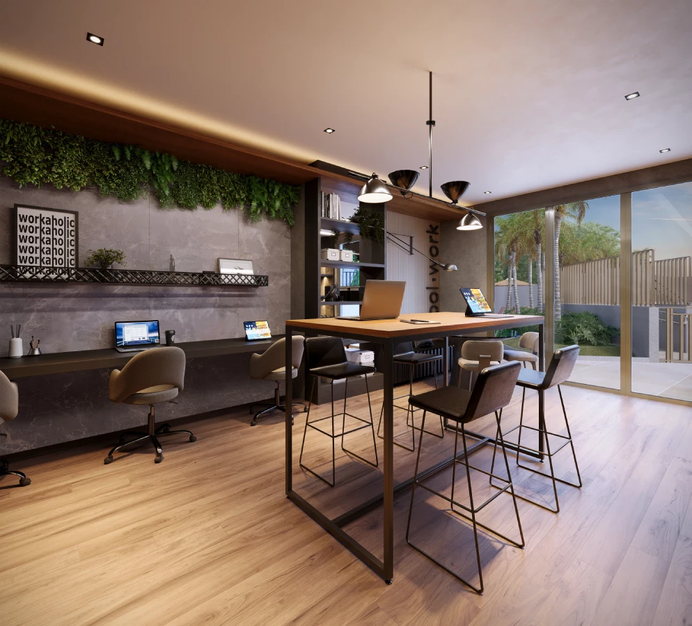 Symmetry Residence em Alphaville — coworking premium para residentes