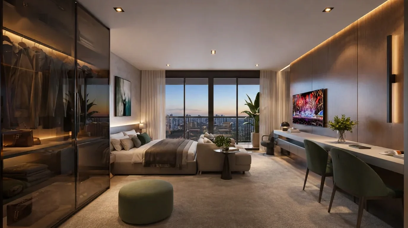 Perspectiva interna do studio do DUO Stay Residence